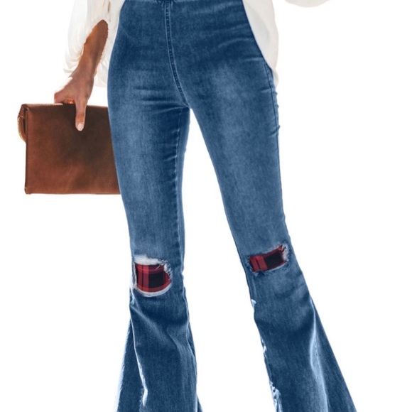 Red Plaid Patchwork Bell Bottom Jeans - Picture 1 of 3